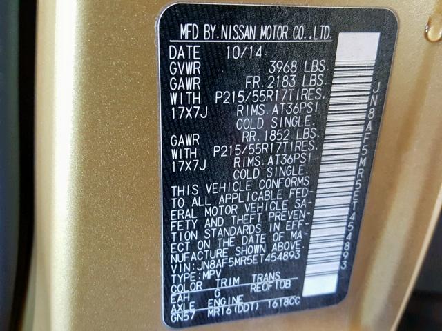 JN8AF5MR5ET454893 - 2014 NISSAN JUKE S GOLD photo 10