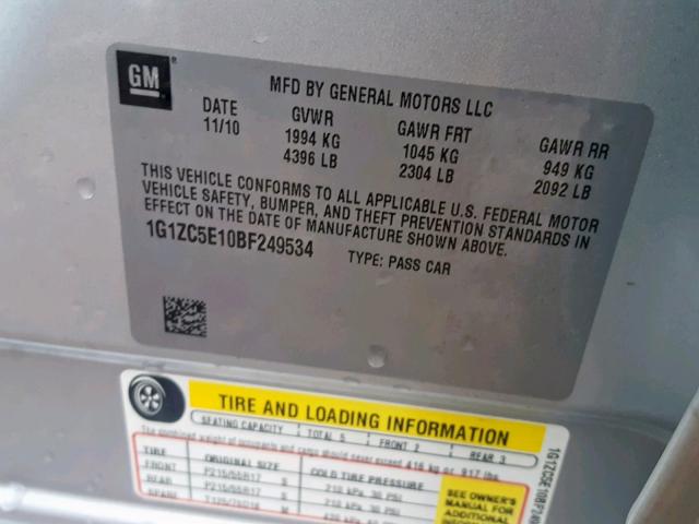 1G1ZC5E10BF249534 - 2011 CHEVROLET MALIBU 1LT SILVER photo 10