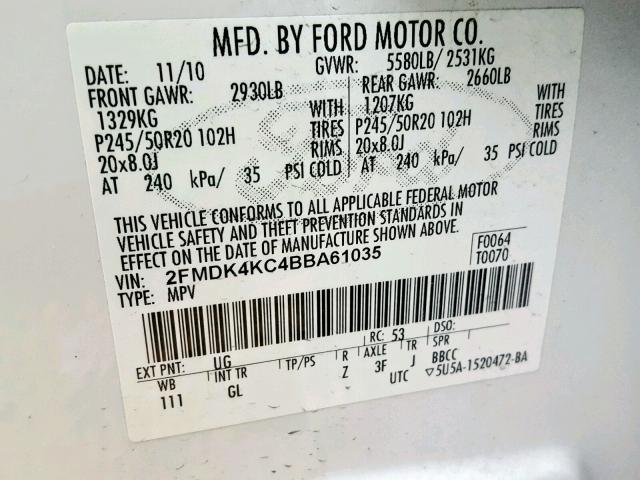 2FMDK4KC4BBA61035 - 2011 FORD EDGE LIMIT WHITE photo 10