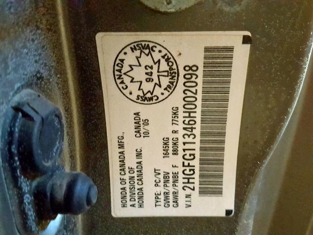 2HGFG11346H002098 - 2006 HONDA CIVIC DX V GRAY photo 10