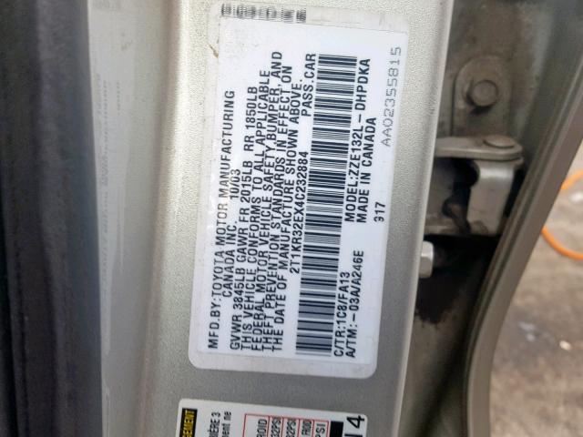 2T1KR32EX4C232884 - 2004 TOYOTA COROLLA MA SILVER photo 10