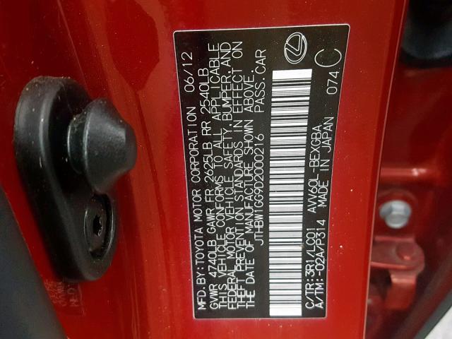 JTHBW1GG9D2000216 - 2013 LEXUS ES 300H RED photo 10