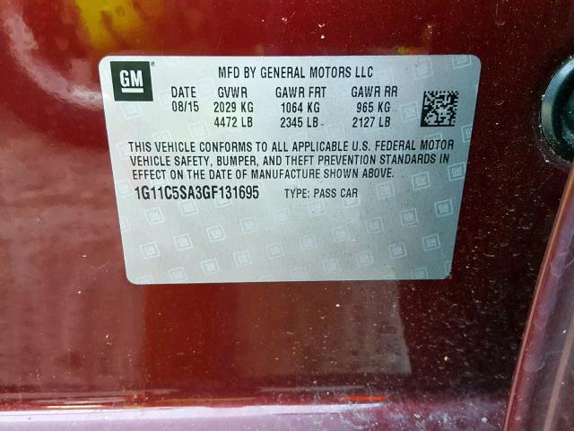 1G11C5SA3GF131695 - 2016 CHEVROLET MALIBU LIM 红色 照片 10