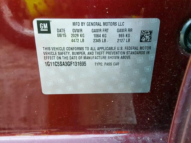 1G11C5SA3GF131695 - 2016 CHEVROLET MALIBU LIM RED photo 10