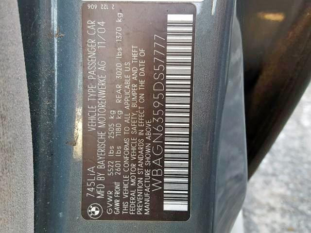 WBAGN63595DS57777 - 2005 BMW 745 LI GRAY photo 10