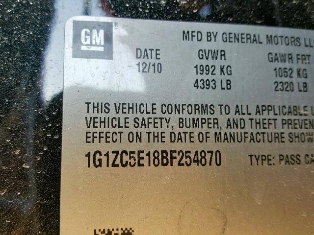 1G1ZC5E18BF254870 - 2011 CHEVROLET MALIBU 1LT შავი ფოტო 10