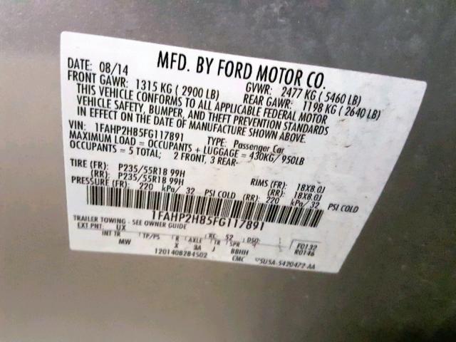 1FAHP2H85FG117891 - 2015 FORD TAURUS SEL SILVER photo 10