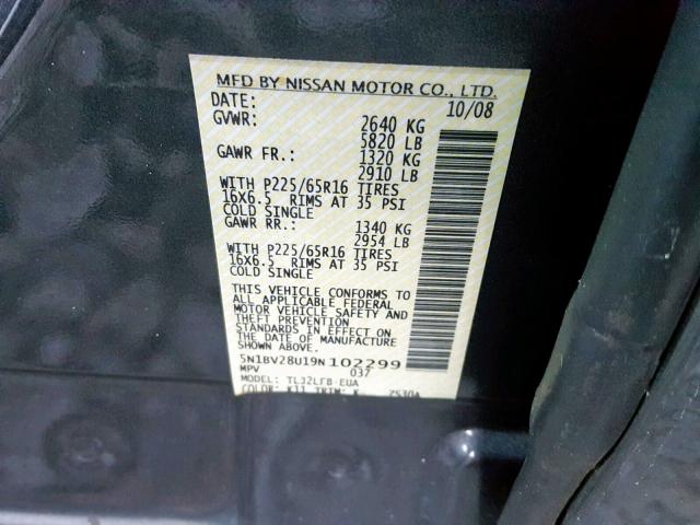 5N1BV28U19N102299 - 2009 NISSAN QUEST S GRAY photo 10