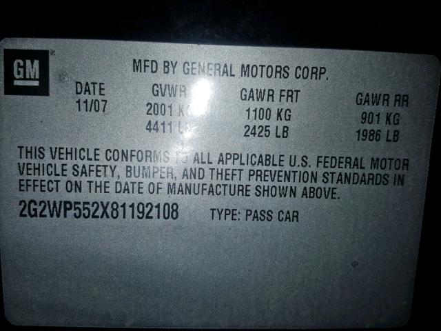 2G2WP552X81192108 - 2008 PONTIAC GRAND PRIX BLACK photo 10