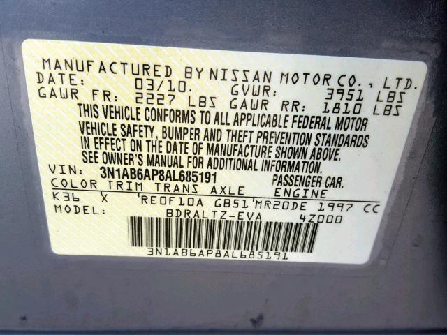 3N1AB6AP8AL685191 - 2010 NISSAN SENTRA 2.0 GRAY photo 10