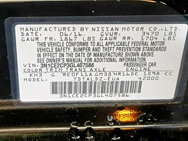 3N1CE2CP3GL407586 - 2016 NISSAN VERSA NOTE BLACK photo 10