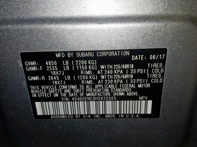 4S4BSENC0H3425565 - 2017 SUBARU OUTBACK 3. SILVER photo 10