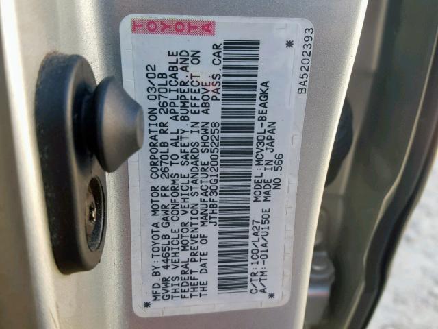 JTHBF30G120052258 - 2002 LEXUS ES 300 SILVER photo 10