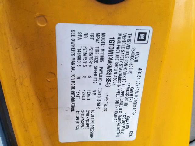 1GTDM19W6WB518548 - 1998 GMC SAFARI XT YELLOW photo 10