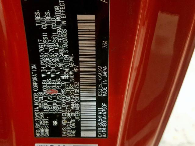 JTEBU4BF2CK138763 - 2012 TOYOTA FJ CRUISER RED photo 10