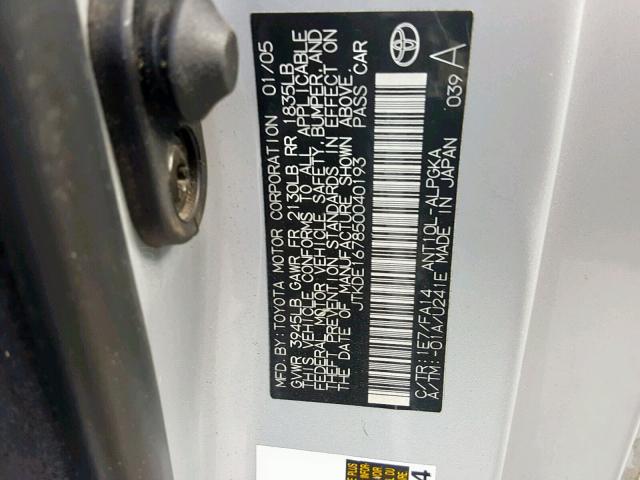 JTKDE167850040193 - 2005 TOYOTA SCION TC ვერცხლისფერი ფოტო 10