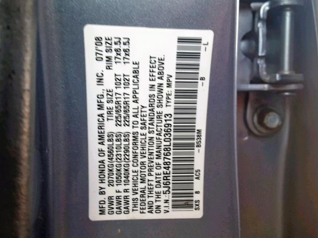 5J6RE48768L036913 - 2008 HONDA CR-V EXL BLUE photo 10