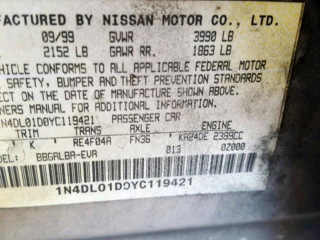 1N4DL01D0YC119421 - 2000 NISSAN ALTIMA XE GOLD photo 10