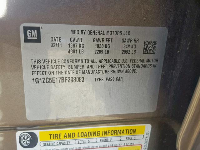 1G1ZC5E17BF298083 - 2011 CHEVROLET MALIBU 1LT BROWN photo 10