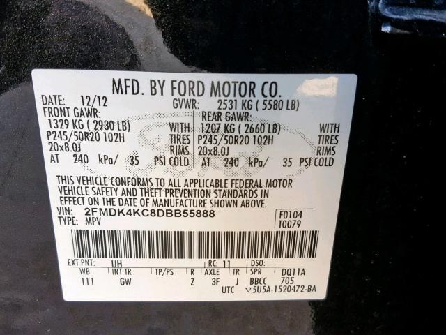 2FMDK4KC8DBB55888 - 2013 FORD EDGE LIMIT BLACK photo 10