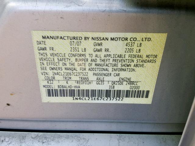 1N4CL21E67C237522 - 2007 NISSAN ALTIMA HYB SILVER photo 10