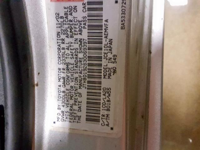 JTHBD192830069397 - 2003 LEXUS IS 300 SILVER photo 10