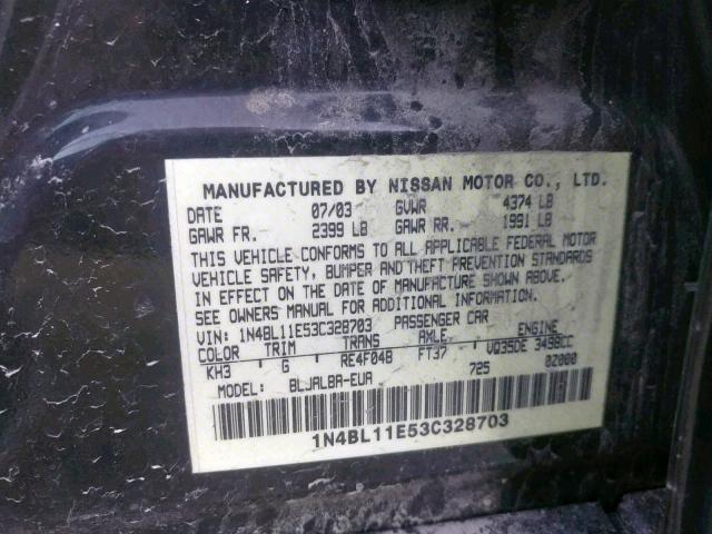 1N4BL11E53C328703 - 2003 NISSAN ALTIMA SE BLACK photo 10