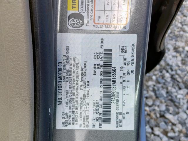 3FADP0L39AR186504 - 2010 FORD FUSION HYB GRAY photo 10