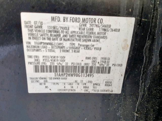 1FAHP2HW9BG113495 - 2011 FORD TAURUS SEL BLACK photo 10