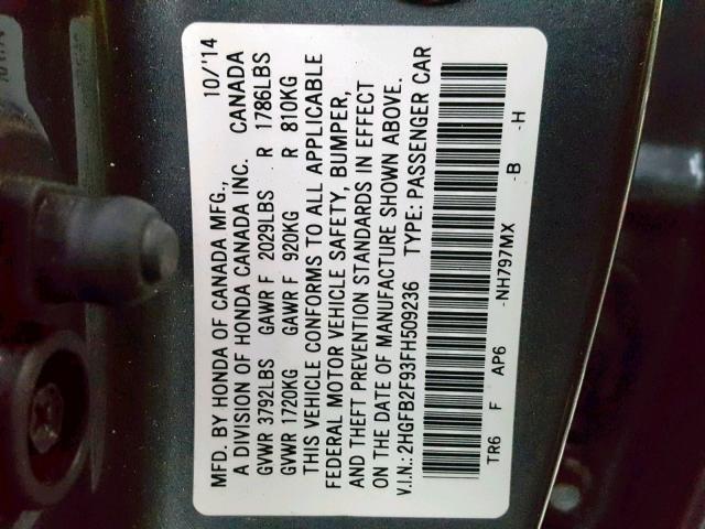 2HGFB2F93FH509236 - 2015 HONDA CIVIC EXL GRAY photo 10