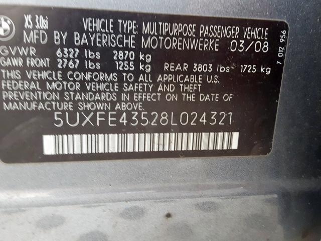 5UXFE43528L024321 - 2008 BMW X5 3.0I GRAY photo 10