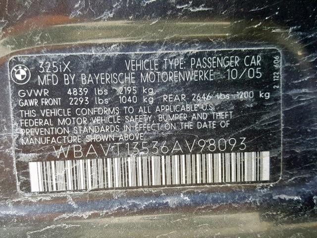 WBAVT13536AV98093 - 2006 BMW 325 XIT BLACK photo 10