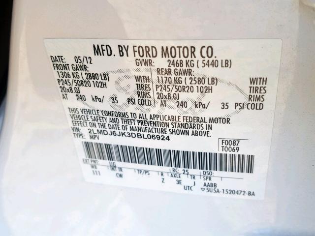 2LMDJ6JK3DBL06924 - 2013 LINCOLN MKX WHITE photo 10