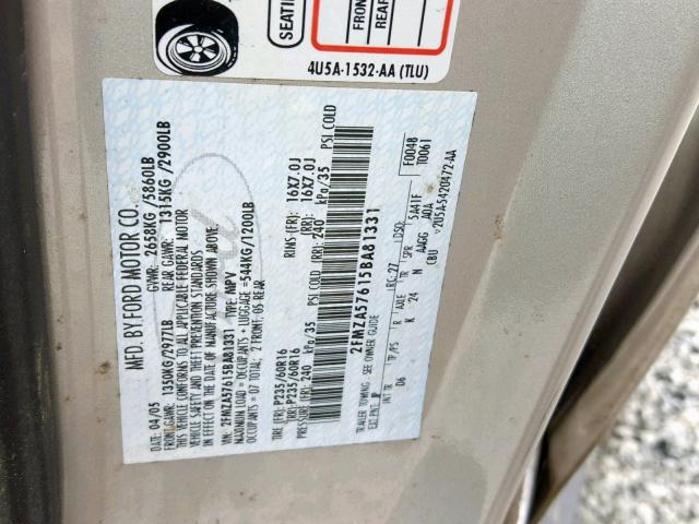 2FMZA57615BA81331 - 2005 FORD FREESTAR S SILVER photo 10