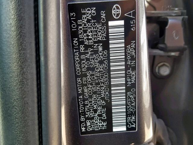 JTDKDTB30D1056106 - 2013 TOYOTA PRIUS C CHARCOAL photo 10