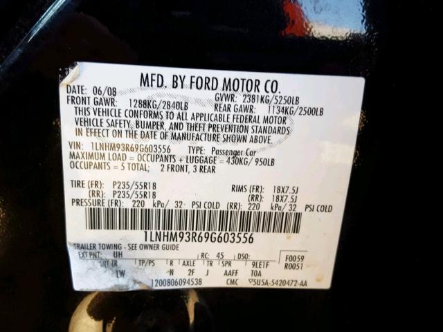 1LNHM93R69G603556 - 2009 LINCOLN MKS BLACK photo 10