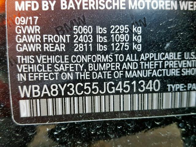 WBA8Y3C55JG451340 - 2018 BMW 340 XIGT BLACK photo 10