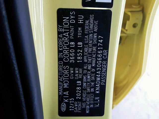 KNADM4A30G6661747 - 2016 KIA RIO LX YELLOW photo 10