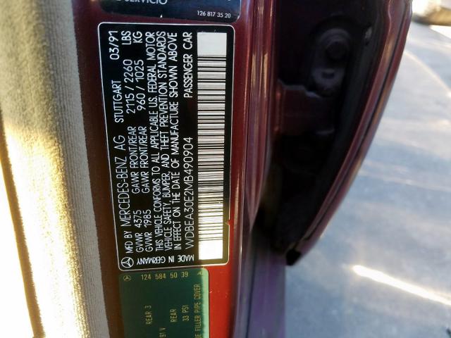 WDBEA30E2MB490904 - 1991 MERCEDES-BENZ 300 E MAROON photo 10