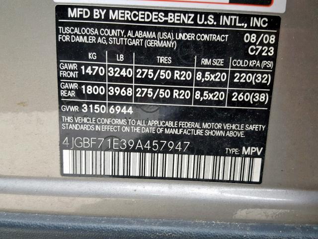 4JGBF71E39A457947 - 2009 MERCEDES-BENZ GL 450 4MA SILVER photo 10