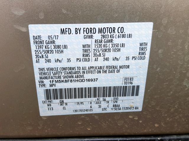 1FM5K8F81HGD16937 - 2017 FORD EXPLORER L GOLD photo 10