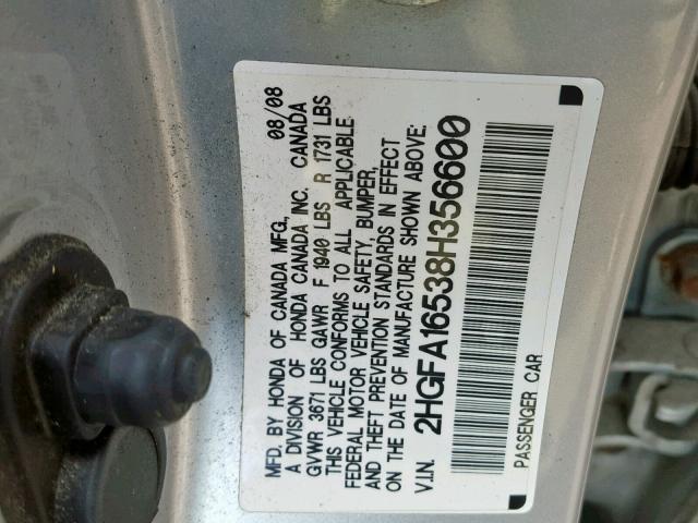 2HGFA16538H356600 - 2008 HONDA CIVIC LX SILVER photo 10