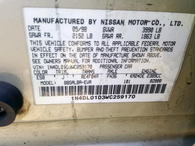 1N4DL01D3WC259170 - 1998 NISSAN ALTIMA XE BEIGE photo 10