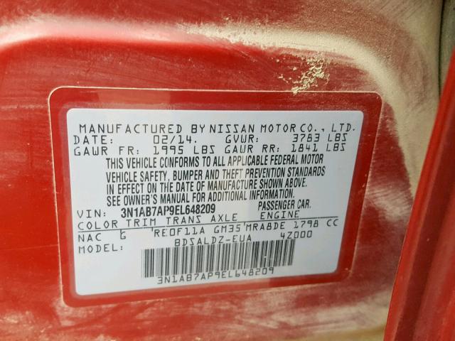 3N1AB7AP9EL648209 - 2014 NISSAN SENTRA S RED photo 10