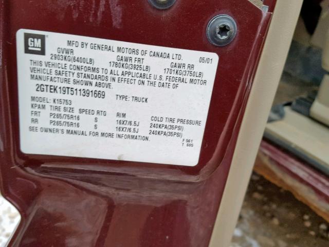 2GTEK19T511391669 - 2001 GMC NEW SIERRA RED photo 10