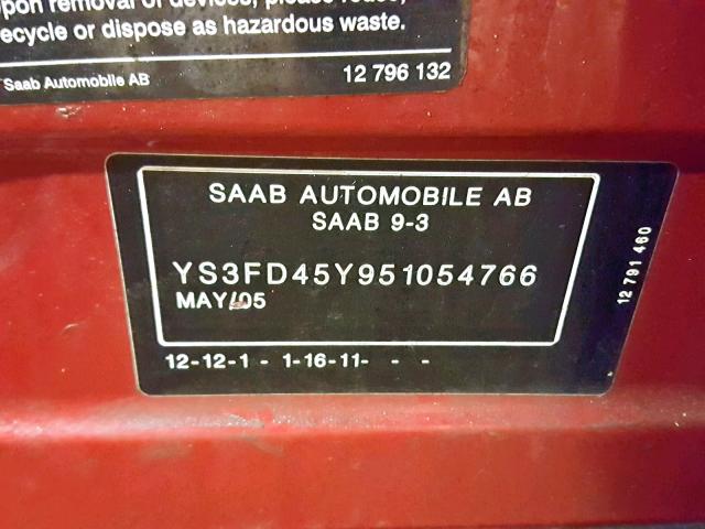 YS3FD45Y951054766 - 2005 SAAB 9-3 ARC RED photo 10