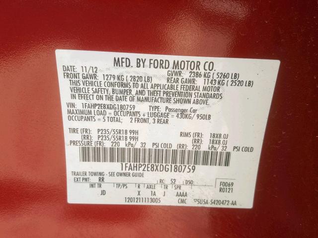 1FAHP2E8XDG180759 - 2013 FORD TAURUS SEL RED photo 10