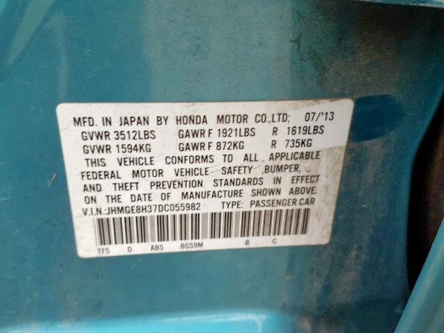 JHMGE8H37DC055982 - 2013 HONDA FIT BLUE photo 10