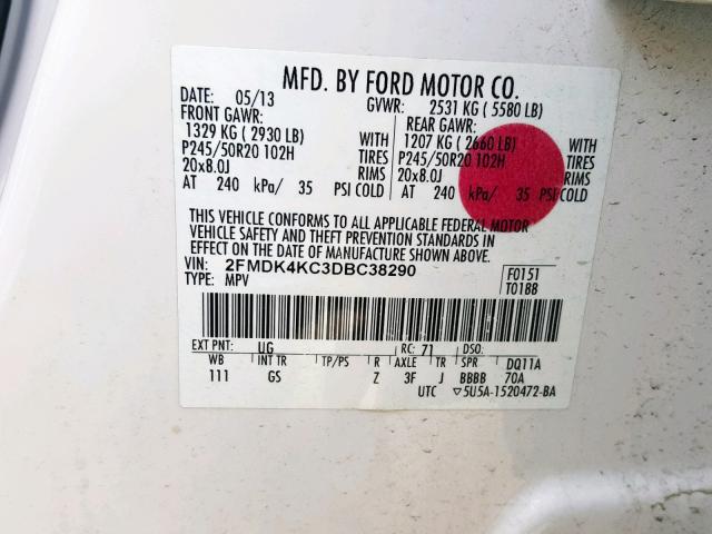 2FMDK4KC3DBC38290 - 2013 FORD EDGE LIMIT WHITE photo 10