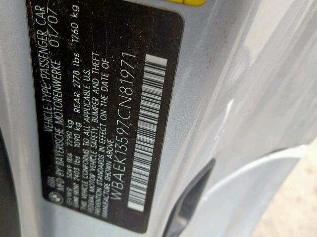 WBAEK13597CN81971 - 2007 BMW 650 I GRAY photo 10